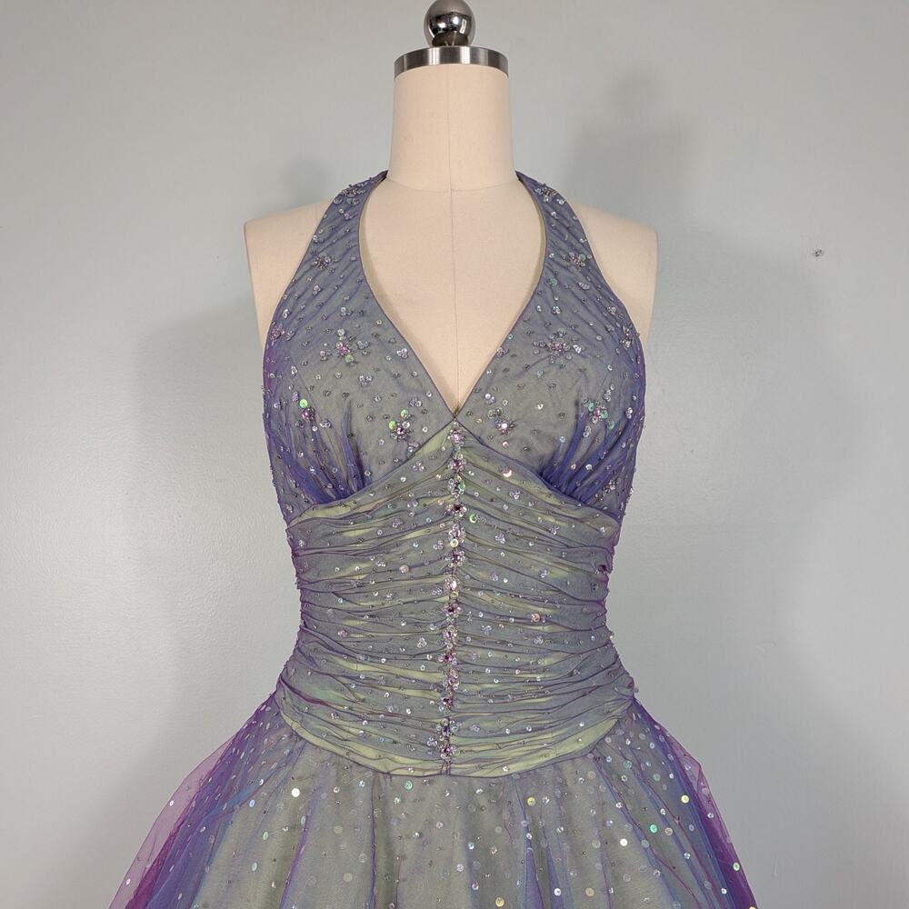 Vintage Mori Lee Prom Dress Maxi Ball Gown 12 Rainbow Fairy Princess Halter - Picture 3 of 16